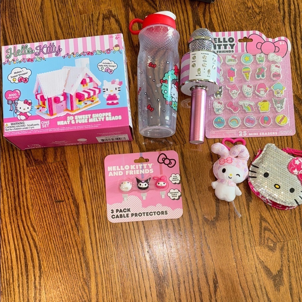 Hello Kitty bundle of karaoke microphone, melty beads, stickers, erasers, more!